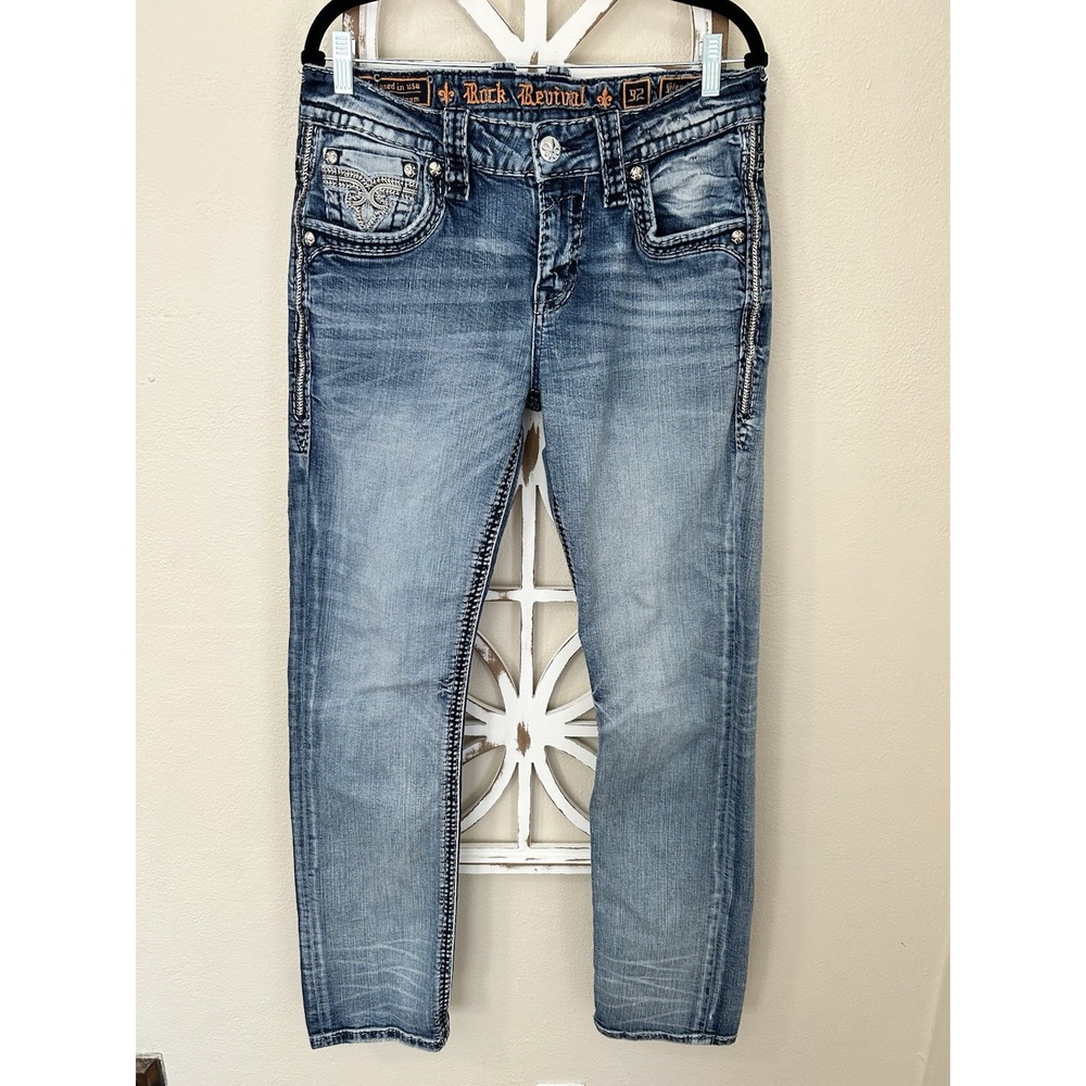 Mens Rock Revival Jeans 32X33 Glendon Faux Leather Straight Denim *J84